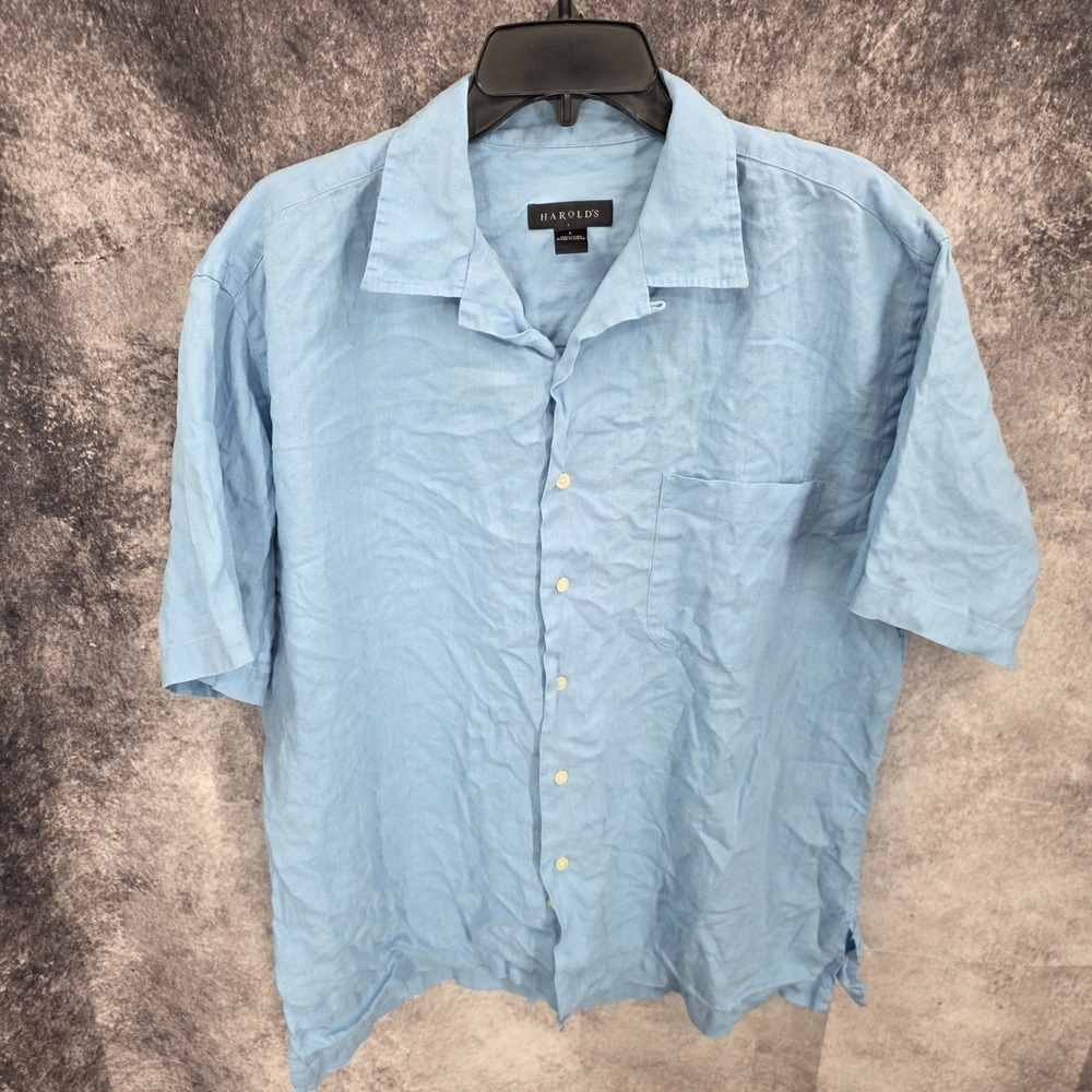 Harold's Shirt Mens Large Blue Button Up Short Sleeve Linen‎ Casual Lightweight